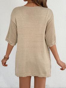 Cardigan lavorato a maglia traforato di colore unito, camicia casual da spiaggia e vacanza per protezione dal sole, primavera/estate - Cachi - Visualizzare 2
