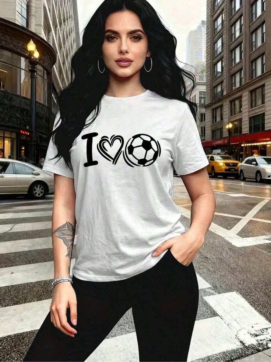 ropa de mujer Camiseta con estampado de fútbol para mujer - Camiseta de manga corta con cuello redondo y diseño de atleta femenina, cómoda y casual, adecuada para entrenamientos de fútbol, partidos y atuendos diarios camisas de mujer - Blanco - Ver 1