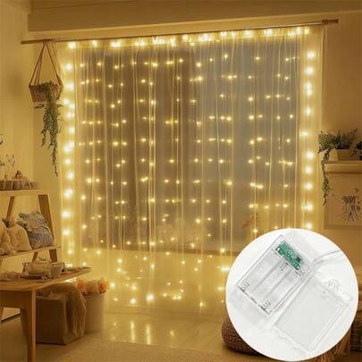 1 Set Classic LED Curtain Lights, Battery Powered, Fairy Garland Lights, 3 Meters X 2m/9.8ft X 6.5ft, 200 LED Beads (Warm White/White/Colorful/Pink), Suitable For Family Gathering, Proposal, Party, Wedding, Room, Christmas, Halloween