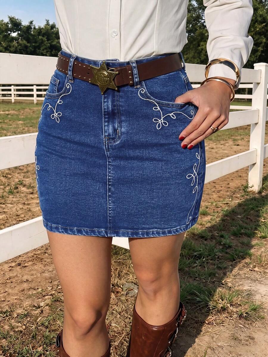 Chân váy ngắn denim thêu họa tiết ôm sát, co giãn dành cho nữ, thích hợp cho mùa hè. - Rửa tối - Xem 1