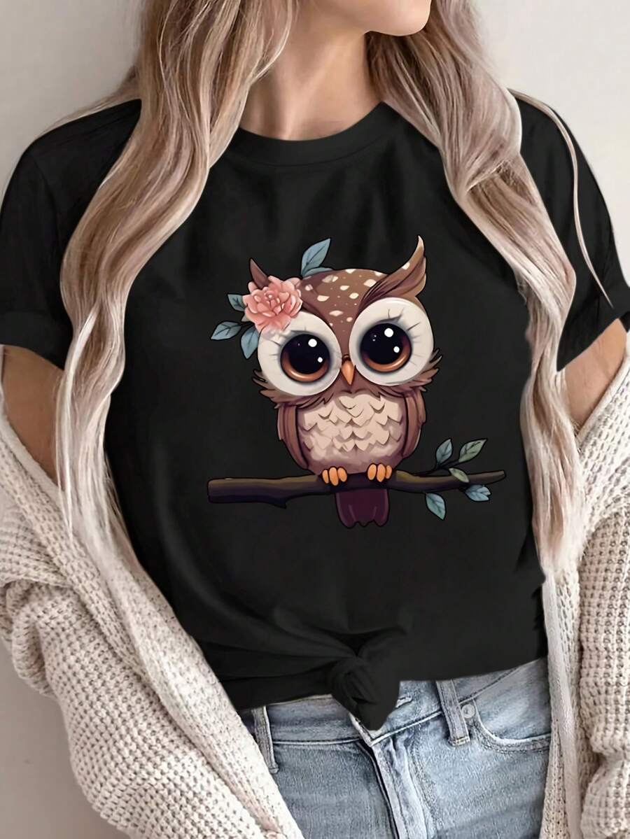 Soft 100% Cotton T-Shirt With Letter Print, Short Sleeve, Round Neck, Casual Top, Women's Clothing, Breathable Cotton T-Shirt, Goes With Everything, Great. - 黑色 - 查看 1