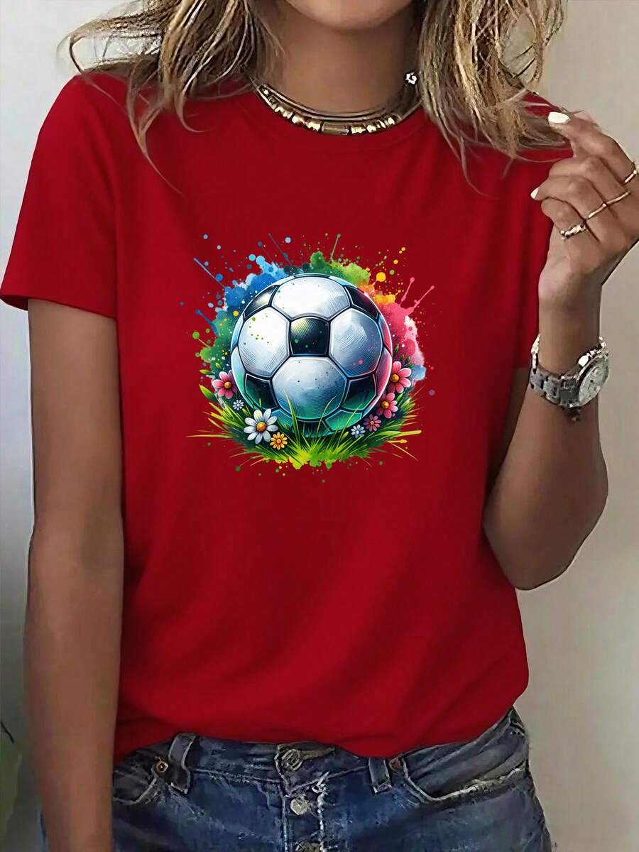 Women's Soft, 100% Cotton Crew Neck T-Shirt With A Printed Design. This Clothing Line Is Designed For The USA, Mexico, And Canada. The Energetic Crew Neck T-Shirt Features A Floral Print With A Soccer Theme And Is Lightweight And Breathable, Perfect For Watching Games. Ideal For Soccer Fans And Cheerleaders. This New Breathable Cotton T-Shirt Is Perfect For Spring/Summer, Goes With Everything, And Stays Cool. - 紅色 - 查看 1