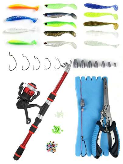 1.8m Telescopic Fishing Rod Combo Set, Fiberglass Saltwater Spinning Rod Kit For Beginners, Includes Reel, Lures, Hooks And Rod Case, Suitable For Freshwater And Saltwater Fishing