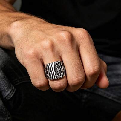 1pc Men's Stainless Steel Letter Signet Ring Silver Tone Antiqued Wide Band Punk Jewelry For Daily Wear Party Gift