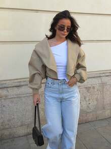 Women's Spring Khaki Loose Waist Tie Long Sleeve Casual Work Jacket Short Trench Coat Autumn Jacket - Khaki - View 7