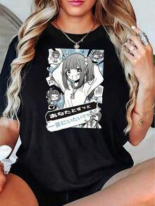 Under The Radar Women's Anime Character Graphic Print Short Sleeve T-Shirt - Casual Crew Neck Tee With Japanese Text And Cute Cat Design, Soft And Stretchy Fabric, Machine Washable, All-Season Comfort For Casual Wear, Anime Tee, Comfortable Tee, Pop Culture, Non-See-Through Material. Unisex Loose-Fitting Cotton Short Sleeve Crew Neck Tee, Urban Vintage Style - 黑色 - 查看 1