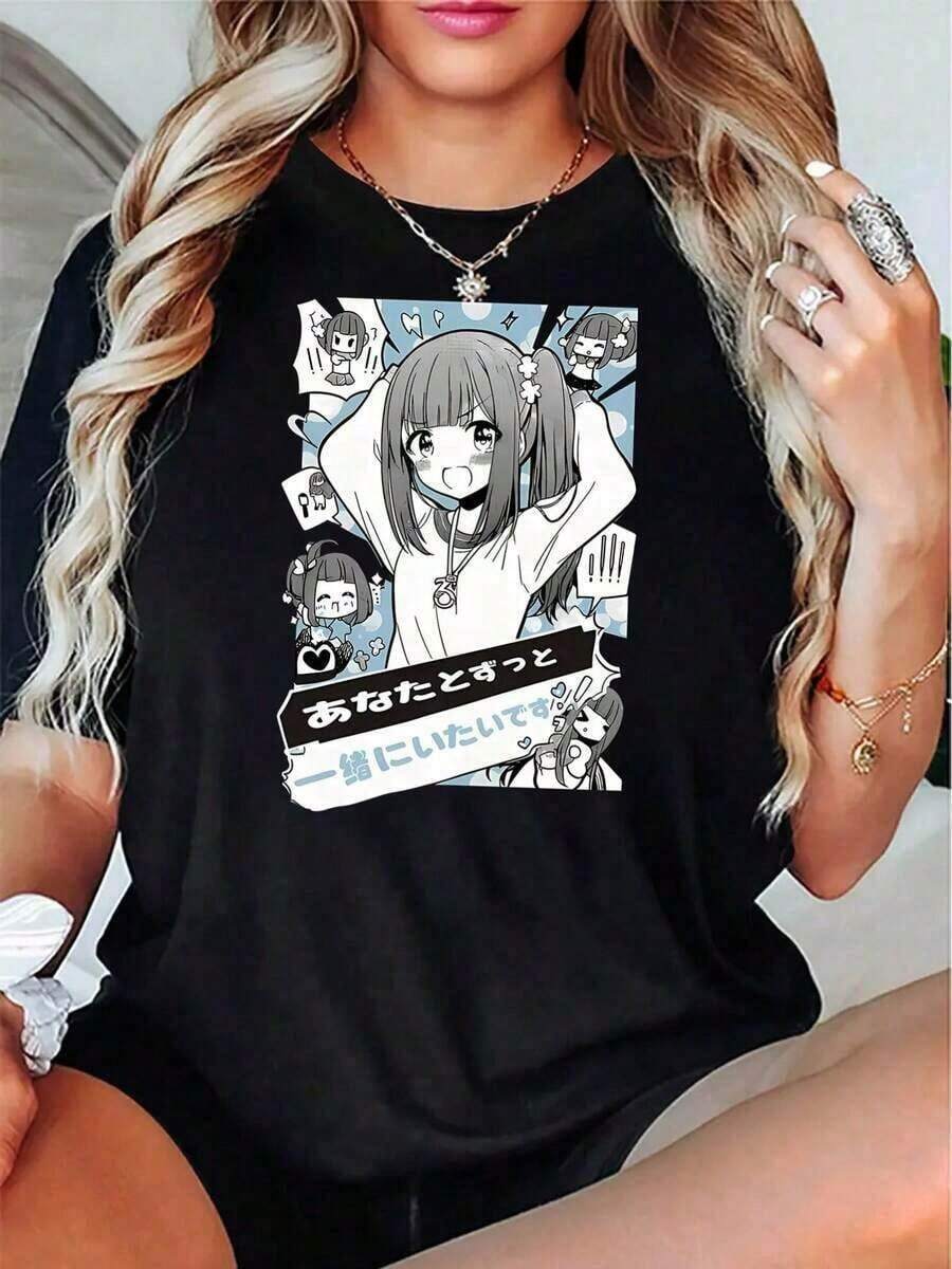 Under The Radar Women's Anime Character Graphic Print Short Sleeve T-Shirt - Casual Crew Neck Tee With Japanese Text And Cute Cat Design, Soft And Stretchy Fabric, Machine Washable, All-Season Comfort For Casual Wear, Anime Tee, Comfortable Tee, Pop Culture, Non-See-Through Material. Unisex Loose-Fitting Cotton Short Sleeve Crew Neck Tee, Urban Vintage Style - 黑色 - 查看 1