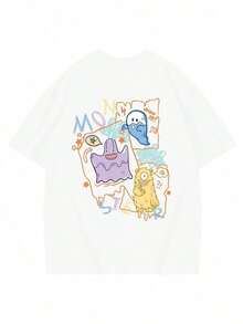 Under The RadarSe , camiseta de manga corta para mujer de algodón puro con diseño de monstruo lindo y estilo casual, de algodón pesado, cómoda y transpirable. Diseño único pintado a mano al estilo americano que no choca con otros, con un corte holgado y de hombros caídos que disimula y estiliza la figura. Adecuado para que lo usen parejas y mejores amigos juntos. Perfecto para fotos de influencers, festivales de música y atuendos de estilo callejero para el día a día. ,Camiseta de manga corta para mujer con estampado de dibujos animados, top de verano holgado, nuevo estilo para Vintage Street Style Unisex Loose Cotton Short Sleeve Crew Neck T-Shirt - Blanco - Ver 2