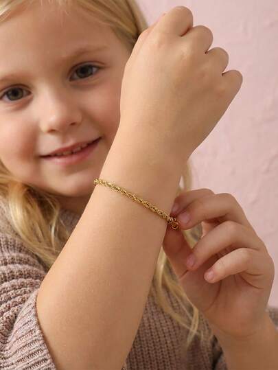 1pc 18K Golden Plated Fashion Minimalist Twisted Rope Chain Stainless Steel Bracelet For Kids Boys Girls Daily Outdoors Sports Party Vacation Summer Jewelry Accessory Gift