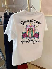 Women's Candlelight Print T-Shirt - Spanish Religious Design And Candlelight, Round Neck, Short Sleeve, Casual Style, For Everyday Wear And Special Occasions In All Seasons - Women's Clothing, Ladies' T-Shirts, Spring Summer Clothing, Geometric Pattern T-Shirt Y2k - 白色 - 查看 2