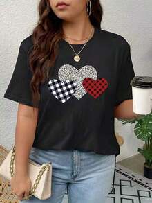 [Heart Print T-Shirt] Stylish Black T-Shirt With Unique Heart Designs In Plaid And Leopard Prints, Loose Fit, Perfect For Casual Outings, Stylishly Combines With Accessories, Highlights Your Fun Side With Heart Graphics. - 黑色 - 查看 7