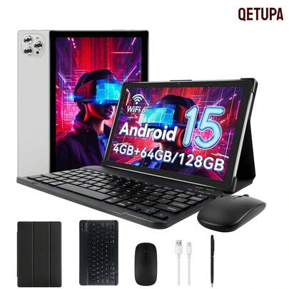 Qetupa Android 15 Tablet, 10.1" Screen, 4GB RAM + 64GB/128GB Storage, MTK 6762 Octa-Core 2.0GHz Processor, 5MP Front & 13MP Rear Camera, 6000mAh Battery, HD (1280x800) IPS Touchscreen, No SIM Support, Includes Keyboard, Mouse, Protective Case, Stylus Pen, Type-C Cable - Best Gift For Halloween, Birthday, Christmas (Adapter Not Included)