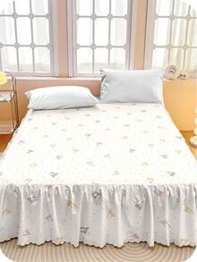1pc Cute Multicolor Bow & Heart Print Ruffle Bed Skirt, Soft Skin-Friendly Dust-Proof Bed Cover, Korean Style All-Season Bedding For Bedroom - Multicolor - View 16