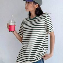 Camiseta de mujer de manga corta, cuello redondo y rayas, de estilo casual para el verano - Azul - Ver 7
