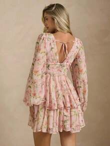 Vestido de vacaciones con cuello en V, manga larga y estampado floral para mujeres - Rosa Pálido - Ver 5