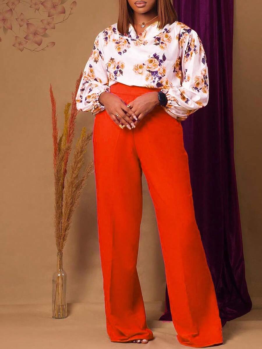 Conjunto profesional OL de dos piezas para mujer talla grande: top con estampado floral y nudo frontal, junto con pantalones de pierna ancha