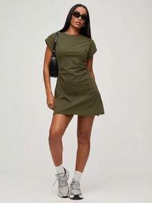 Vestido corto casual de punto de unicolor con cuello redondo, manga corta y cordón lateral para mujer - Verde militar - Ver 3