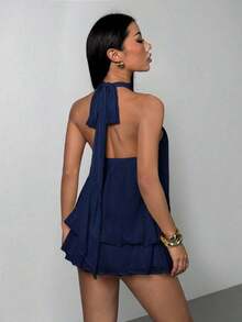 Vestido mini elegante de mujer con escote halter y lazo en color beige - Azul marino - Ver 2