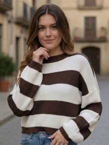 Women's Striped Knit Blouse With Long Sleeves And Round Neck - Versatile Winter - 藏蓝色 - 查看 5