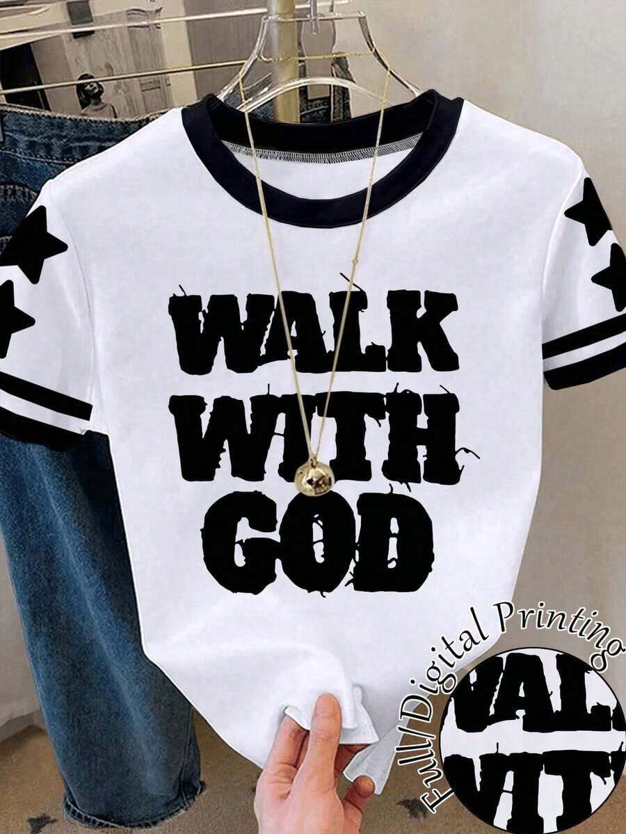 Camiseta de mujer casual de cuello redondo y manga corta con estampado de lazo - Multicolor 3 - Ver 1