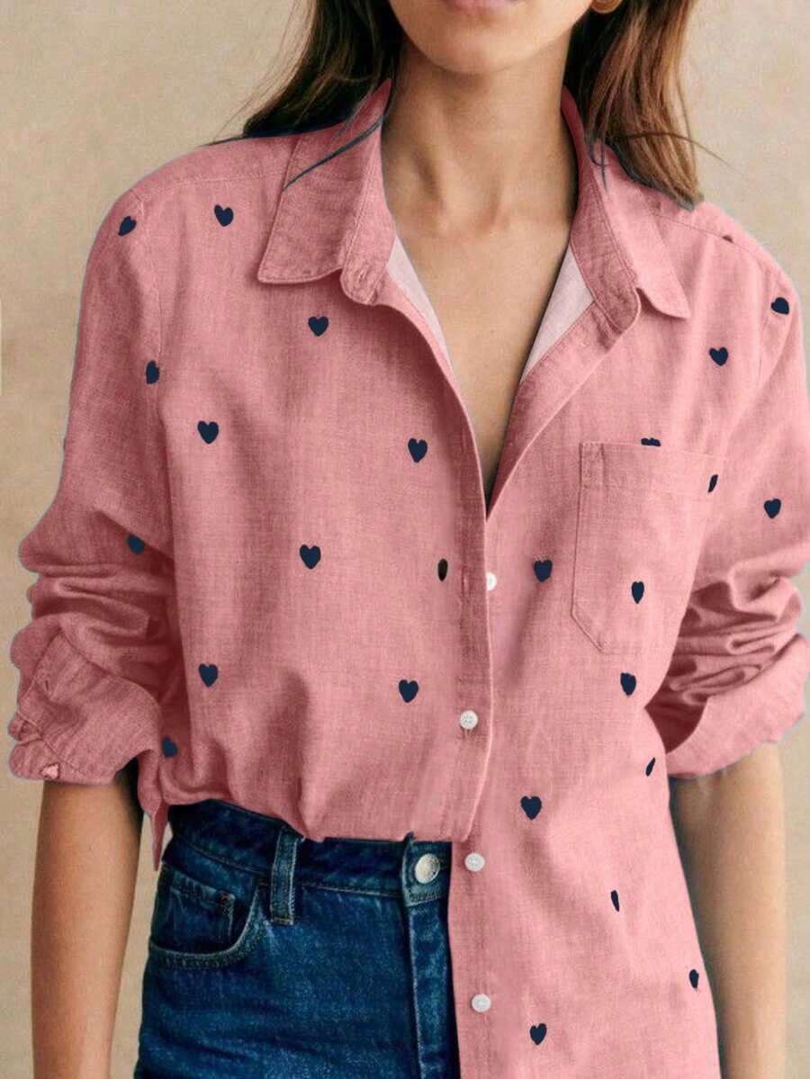Camisa polo de manga larga con bolsillo y estampado de corazón de unicolor básico casual para mujer, adecuada para uso diario en , verano y otoño - Rosa - Ver 1