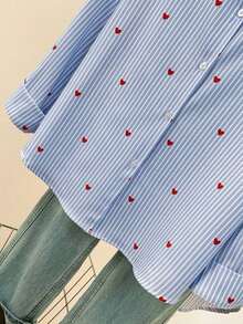 Blusa de mujer con cuello polo, estampado de corazones y rayas - Camisa casual de manga larga con botones, adecuada para uso diario en primavera, verano y otoño - Rayas azules - Ver 9