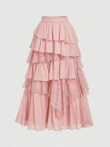 MOD Elegancia bohemia-occidental: Falda larga de gasa y encaje fluida en negro - Tu compañera sin esfuerzo para picnics a la hora dorada y aventuras bohemias - Rosa - Ver 5