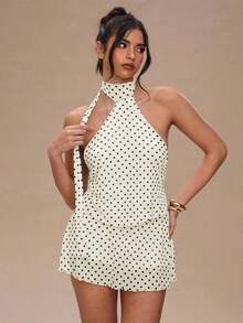 Vestido mini de mujer con estampado de lunares, estilo vacacional, de escote de halter - Blanco - Ver 4