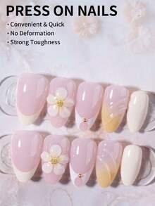Bộ 24 miếng dán móng tay gel 3D hình hạnh nhân kiểu Pháp, đính ngọc trai, kèm 1 băng dính hai mặt và 1 dũa móng, giúp đầu ngón tay bạn tỏa sáng rực rỡ, thích hợp cho các bữa tiệc, khiêu vũ và sử dụng hàng ngày. - Nhiều màu - Xem 3