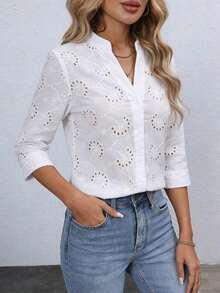 Blusa de mujer con bordado floral y cuello con muesca, manga 3/4.Tops de manga tres cuartos - Blanco 2 - Ver 6
