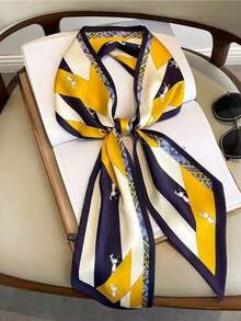 1 chiếc khăn quàng cổ bằng satin in hình ngựa, họa tiết hình học màu vàng và xanh navy, chất liệu mềm mại như lụa, dành cho nữ, đa năng. - Nhiều màu - Xem 3