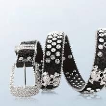 Unisex Y2K Punk Hop Skull Belt Glitter Studded Wide Jean Belt Streetwear Trouser Belt Festival Party Daily Outfit - 黑色 - 查看 2