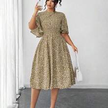 Elenzya Plus Size Women Ditsy Floral Round Neck Ruffle Sleeve Waist A-Line Midi Dress, Elegant Outdoor Wear - Café integral - Ver 1