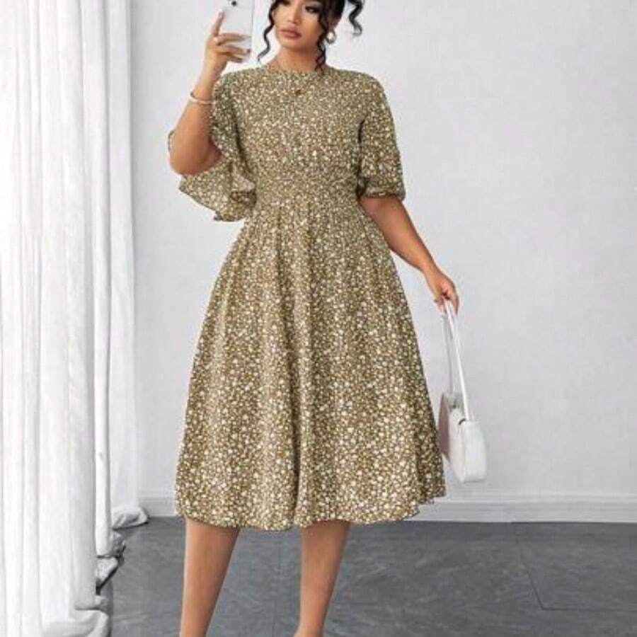 Elenzya Plus Size Women Ditsy Floral Round Neck Ruffle Sleeve Waist A-Line Midi Dress, Elegant Outdoor Wear - Café integral - Ver 1