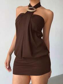 Vestido Mini Bodycon Sexy de Estilo Vanguardista Y2K para Mujer de , con Decoración de Botones Metálicos, Morado, Vestidos de Fiesta para Mujer, Vestidos para Fiestas de Mujer - Marrón 4 - Ver 3