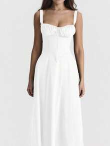 French-Style Long Strapless Dress With Soft Flowers - White - View 2