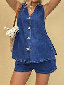 Set de 2 piezas de top sin mangas con cuello en V y botones delanteros sólidos y shorts de mezclilla para maternidad - Azul - Ver 5