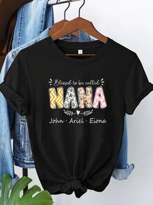 Camiseta manga corta cuello redondo 100% algodón, estampado trendy, tejido ligero y ventilado, estilo moda casual, apta para vida diaria, salidas informales y citas en primavera, verano y otoño - Negro - Ver 1