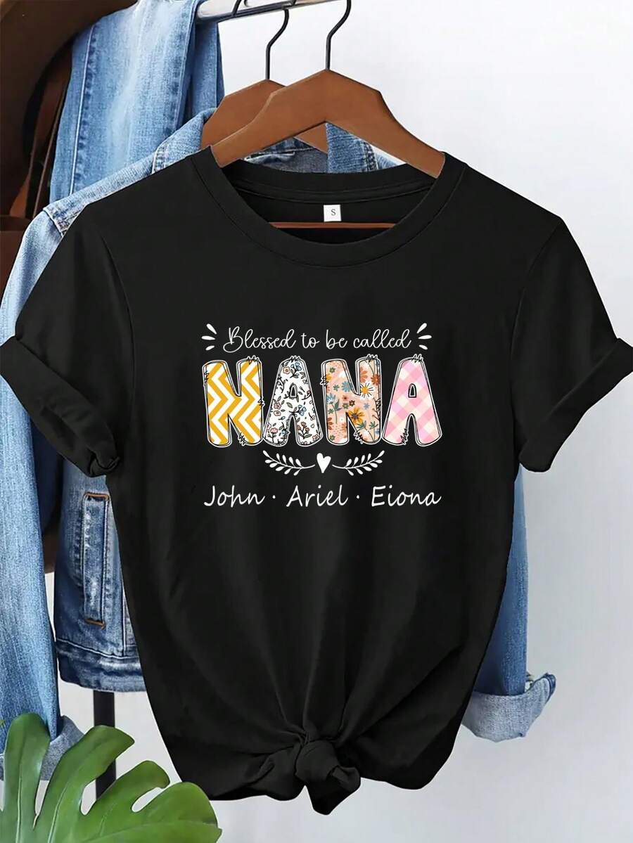 Camiseta manga corta cuello redondo 100% algodón, estampado trendy, tejido ligero y ventilado, estilo moda casual, apta para vida diaria, salidas informales y citas en primavera, verano y otoño - Negro - Ver 1