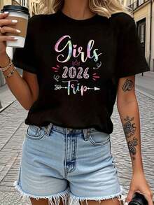 Camiseta con estampado de letras "Trip 2026", manga corta y cuello redondo, top casual para verano y primavera, ropa de mujer - Negro - Ver 7