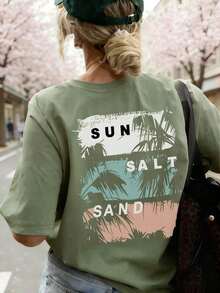 Nueva Camiseta de Verano para Mujer con Estampado de Letras y Hojas de Arce al Atardecer, Cuello Redondo, Manga Corta, Color Gris, Moderna y Versátil, Adecuada para Uso Diario Casual Femenino - Verde hierba - Ver 6