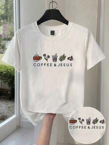 Playera de mujer 100% algodón manga corta con gráfico bordado de estilo café, estilo relajado urbano, cuello redondo, transpirable para verano, modelo versátil - Blanco - Ver 1