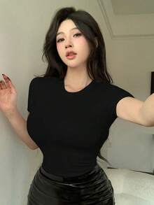 Camiseta de manga corta para mujer de ajuste ceñido, de cuello redondo y unicolor para el verano - Negro 4 - Ver 4