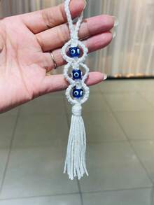 1pc Blue Eye Hanging Decor, Retro Boho Style Beaded Handmade Woven Turkish Evil Eye Pendant, Holiday Gift - White - View 8