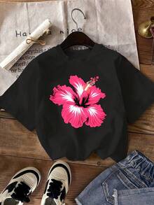 Women's Fashion Casual 1 Piece Set, Floral Print Short Sleeve T-Shirt. - 杏色 - 查看 4