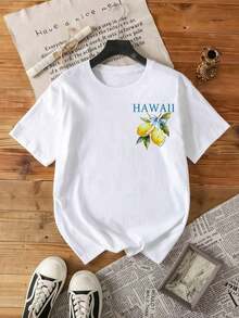 Avslappnad dam-T-shirt med citrontryck, korta ärmar och rund hals. - Vitt - Visa 2