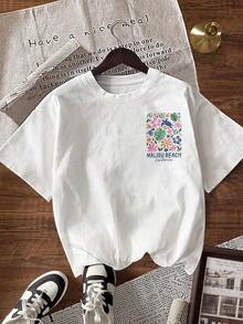 Camiseta de manga corta con cuello redondo, corte holgado y estampado de letras para mujer, verano - Blanco 3 - Ver 2