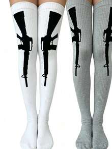 Unisex Solid Color Minimalist Streetwear Thigh High Socks, Mysterious Party Celebration Striped Knee-High Socks - Black and White - View 44