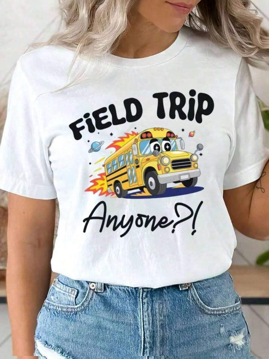 1 camiseta "Field Trip Anyone", camiseta para viajes escolares, camiseta "Teacher Magic School Bus", camiseta para el Día de Campo, camiseta "Seatbelts Everyone", camiseta "Frizzle", camiseta para maestros, camisetas gráficas de gran tamaño para mujeres, 100% algodón, cuello redondo, manga corta, tops casuales, 180g, 100% algodón, todos los diseños están impresos. Unisexo. - Camiseta para excursiones escolares004 - Ver 1