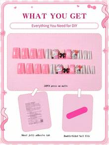 SANRIO 24片中号3D立体豹纹粉色法式美甲贴纸，包含可爱的3D Hello Kitty、蝴蝶结、爱心、钻石星星、棒棒糖、水钻和花朵装饰，粉嫩少女风，适合日常和派对。套装包含1瓶果冻胶和1把指甲锉。适合女性和女孩使用。 - 彩色 - 查看 5